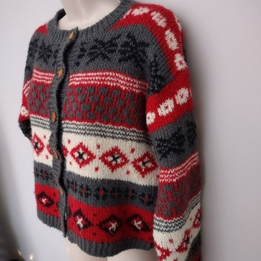 Vintage InDesign 80s 90s Striped Boxy Oversize Chiristmas Cardigan Sweater Large